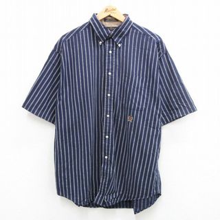 トミーヒルフィガー(TOMMY HILFIGER)のXL★古着 トミーヒルフィガー TOMMY HILFIGER 半袖 ブランド シャツ メンズ 90年代 90s ワンポイントロゴ ロング丈 コットン ボタンダウン 紺他 ネイビー ストライプ 24mar01 中古 トップス(シャツ)