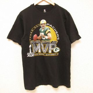 L★古着 半袖 Tシャツ メンズ NFL グリーンベイパッカーズ アーロンロジャース コットン クルーネック 黒 ブラック アメフト スーパーボウル 24feb29 中古(Tシャツ/カットソー(半袖/袖なし))