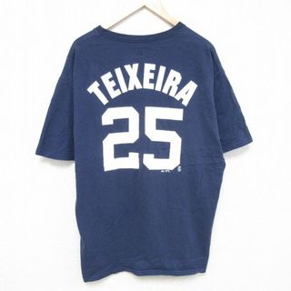 Majestic - XL★古着 マジェスティック 半袖 Tシャツ メンズ MLB ニューヨークヤンキース マークテシェイラ 大きいサイズ コットン クルーネック 紺 ネイビー メジャーリーグ ベースボール 野球 24mar01 中古