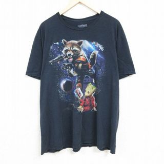 マーベル(MARVEL)のXL★古着 半袖 Tシャツ メンズ マーベル ガーディアンズオブギャラクシー ロケット グルート 大きいサイズ ロング丈 クルーネック 黒 ブラック 24mar02 中古(Tシャツ/カットソー(半袖/袖なし))