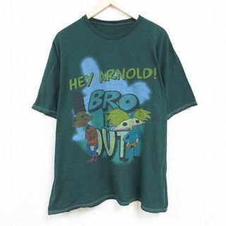 XL★古着 半袖 Tシャツ メンズ アニメ ニコロデオン ヘイアーノルド ジェラルド 大きいサイズ コットン クルーネック 濃緑 グリーン 24mar04 中古(Tシャツ/カットソー(半袖/袖なし))