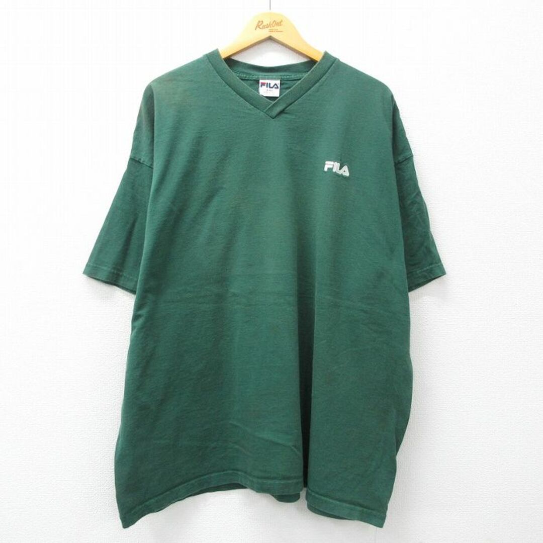 FILA(フィラ)のXL★古着 フィラ FILA 半袖 ビンテージ Tシャツ メンズ 90年代 90s ワンポイントロゴ 大きいサイズ コットン Vネック USA製 緑 グリーン 24feb29 中古 メンズのトップス(Tシャツ/カットソー(半袖/袖なし))の商品写真