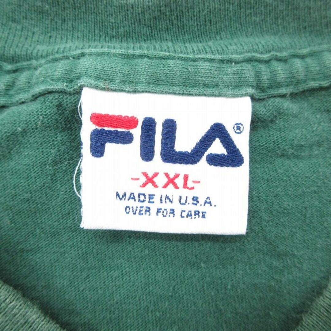 FILA(フィラ)のXL★古着 フィラ FILA 半袖 ビンテージ Tシャツ メンズ 90年代 90s ワンポイントロゴ 大きいサイズ コットン Vネック USA製 緑 グリーン 24feb29 中古 メンズのトップス(Tシャツ/カットソー(半袖/袖なし))の商品写真