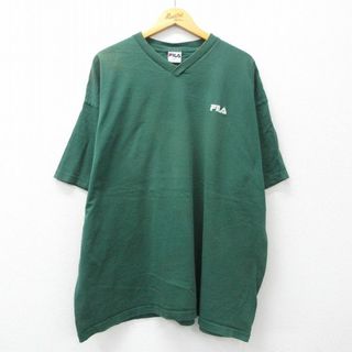 フィラ(FILA)のXL★古着 フィラ FILA 半袖 ビンテージ Tシャツ メンズ 90年代 90s ワンポイントロゴ 大きいサイズ コットン Vネック USA製 緑 グリーン 24feb29 中古(Tシャツ/カットソー(半袖/袖なし))