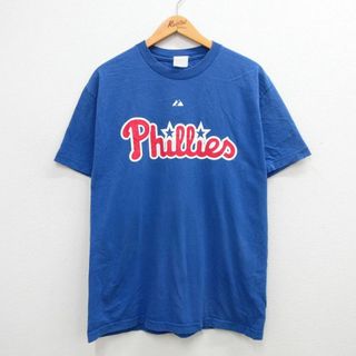 フィラ(FILA)のL★古着 マジェスティック 半袖 ビンテージ Tシャツ メンズ 00年代 00s MLB フィラデルフィアフィリーズ チェイスアトリー 26 クルーネック 青 ブルー メジャーリーグ ベースボール 野球 24feb29 中古(Tシャツ/カットソー(半袖/袖なし))