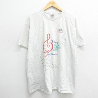 ディズニー(Disney)のXL★古着 半袖 ビンテージ Tシャツ メンズ 90年代 90s ディズニー DISNEY ミッキー MICKEY MOUSE 音符 大きいサイズ クルーネック 薄グレー 霜降り 24mar01 中古(Tシャツ/カットソー(半袖/袖なし))