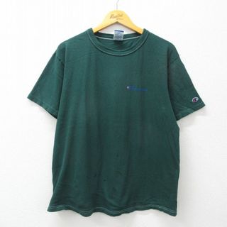 チャンピオン(Champion)のXL★古着 チャンピオン Champion 半袖 ビンテージ Tシャツ メンズ 90年代 90s ワンポイントロゴ クルーネック 緑 グリーン 24mar01 中古(Tシャツ/カットソー(半袖/袖なし))