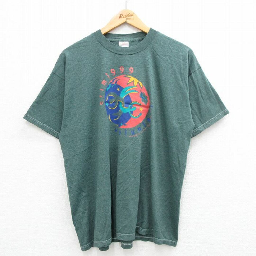 FRUIT OF THE LOOM(フルーツオブザルーム)のXL★古着 フルーツオブザルーム 半袖 ビンテージ Tシャツ メンズ 90年代 90s AQUAFINA ボランティア クルーネック 緑 グリーン 霜降り 24mar01 中古 メンズのトップス(Tシャツ/カットソー(半袖/袖なし))の商品写真