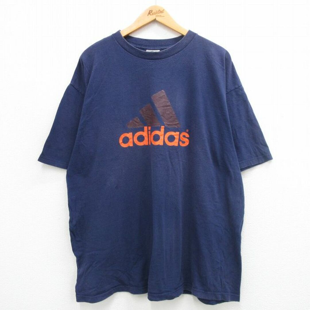 adidas(アディダス)のXL★古着 アディダス adidas 半袖 ビンテージ Tシャツ メンズ 90年代 90s ビッグロゴ 大きいサイズ ロング丈 コットン クルーネック USA製 紺 ネイビー 【spe】 24mar05 中古 メンズのトップス(Tシャツ/カットソー(半袖/袖なし))の商品写真