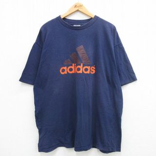 アディダス(adidas)のXL★古着 アディダス adidas 半袖 ビンテージ Tシャツ メンズ 90年代 90s ビッグロゴ 大きいサイズ ロング丈 コットン クルーネック USA製 紺 ネイビー 【spe】 24mar05 中古(Tシャツ/カットソー(半袖/袖なし))