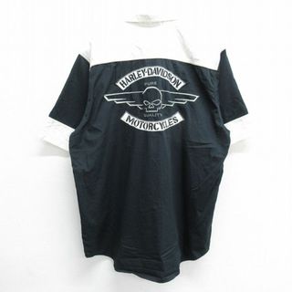 ハーレーダビッドソン(Harley Davidson)のXL★古着 ハーレーダビッドソン Harley Davidson 半袖 シャツ メンズ ビッグロゴ モーターサイクル スカル 刺繍 ロング丈 大きいサイズ ツートンカラー 黒他 ブラック 24mar06 中古 トップス(シャツ)