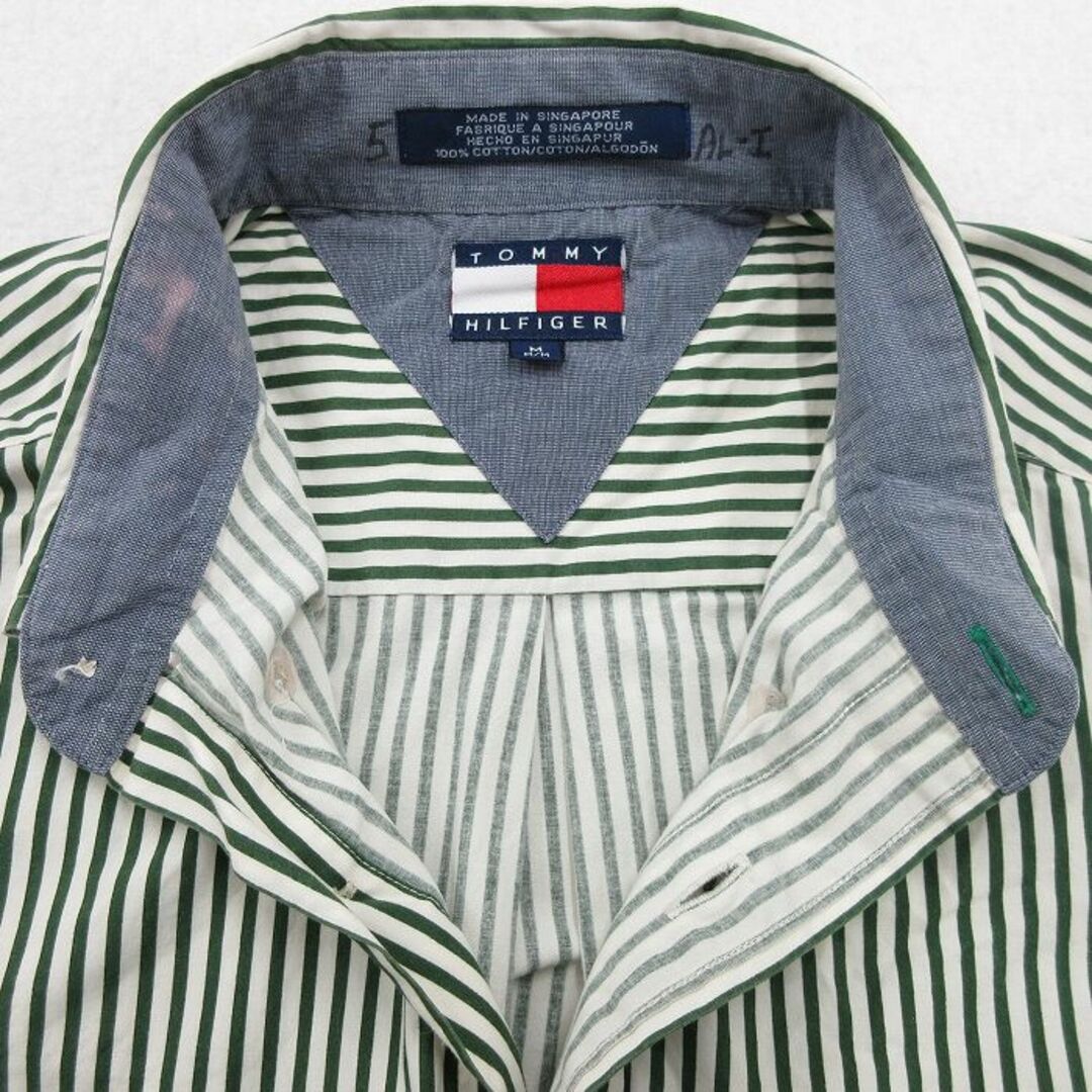 TOMMY HILFIGER(トミーヒルフィガー)のXL★古着 トミーヒルフィガー TOMMY HILFIGER 半袖 ブランド シャツ メンズ 90年代 90s ワンポイントロゴ コットン ボタンダウン 緑他 グリーン ストライプ 24mar07 中古 トップス メンズのトップス(シャツ)の商品写真