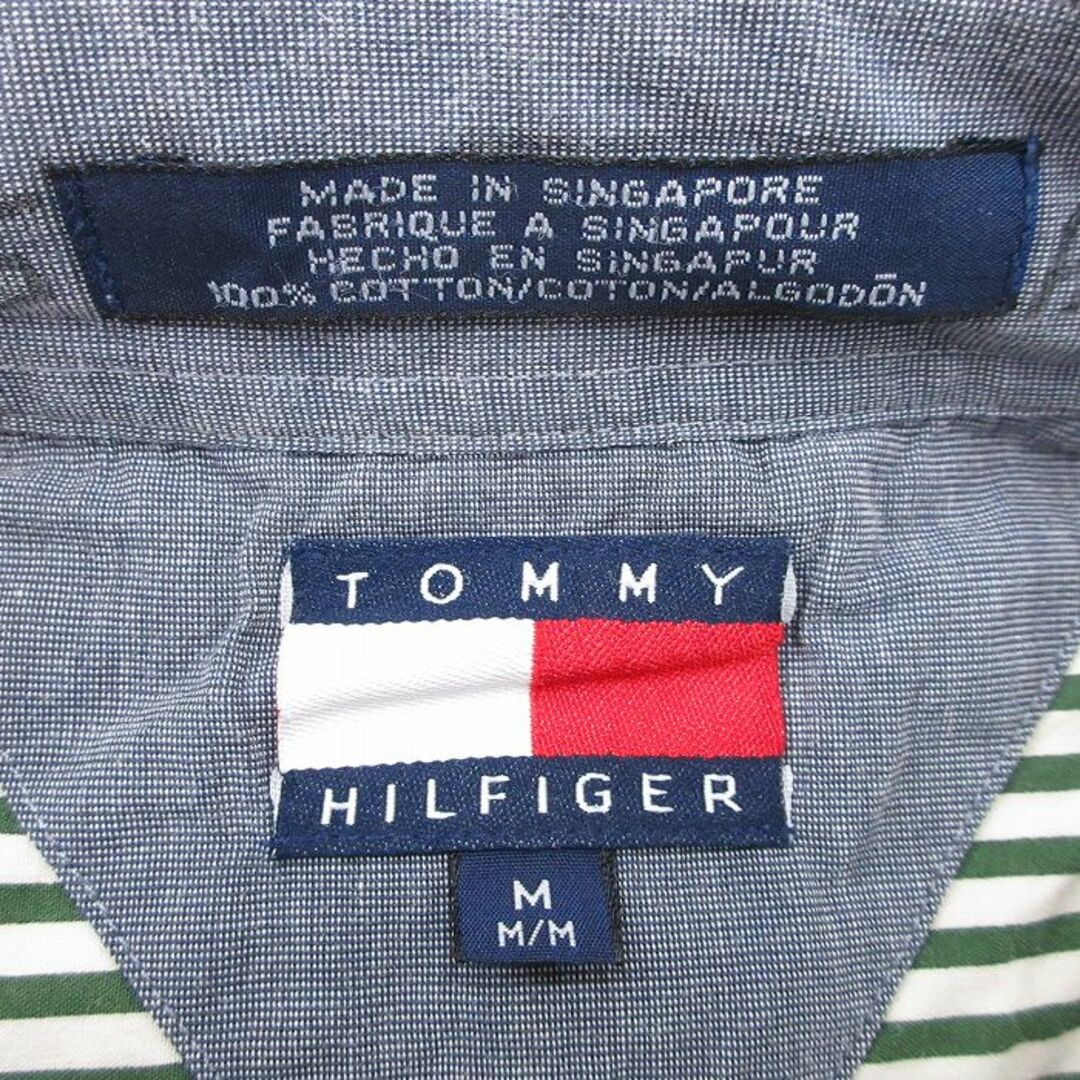 TOMMY HILFIGER(トミーヒルフィガー)のXL★古着 トミーヒルフィガー TOMMY HILFIGER 半袖 ブランド シャツ メンズ 90年代 90s ワンポイントロゴ コットン ボタンダウン 緑他 グリーン ストライプ 24mar07 中古 トップス メンズのトップス(シャツ)の商品写真