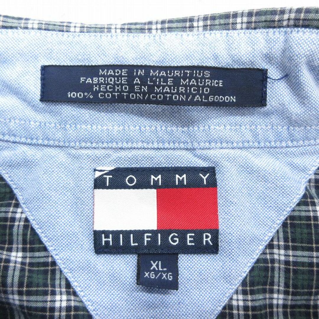 TOMMY HILFIGER(トミーヒルフィガー)のXL★古着 トミーヒルフィガー TOMMY HILFIGER 半袖 ブランド シャツ メンズ 90年代 90s ワンポイントロゴ 大きいサイズ コットン ボタンダウン 濃緑他 グリーン チェック 24mar08 中古 トップス メンズのトップス(シャツ)の商品写真