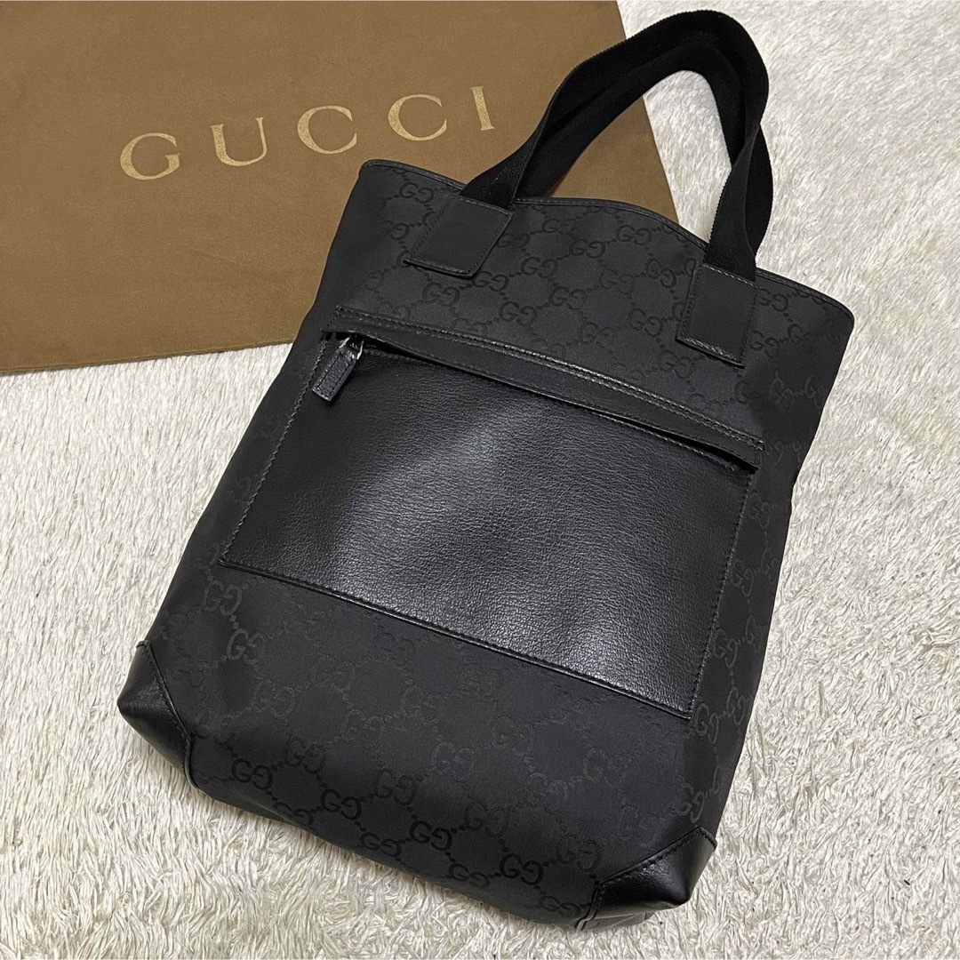 Gucci(グッチ)の725 専用 グッチ  トートバッグ 肩掛け GGナイロン×レザー A4収納 黒 レディースのバッグ(トートバッグ)の商品写真