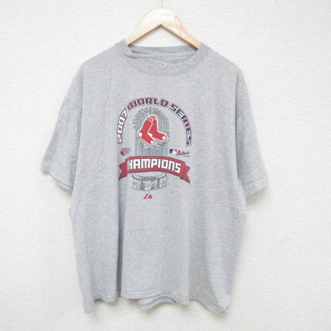 Majestic(マジェスティック)のXL★古着 マジェスティック 半袖 ビンテージ Tシャツ メンズ 00年代 00s MLB ボストンレッドソックス ワールドシリーズ 大きいサイズ クルーネック グレー 霜降り メジャーリーグ ベースボール 野球 24mar06 中古 メンズのトップス(Tシャツ/カットソー(半袖/袖なし))の商品写真