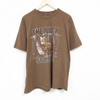 XL★古着 半袖 Tシャツ メンズ シカ 大きいサイズ クルーネック 茶 ブラウン 24mar07 中古(Tシャツ/カットソー(半袖/袖なし))