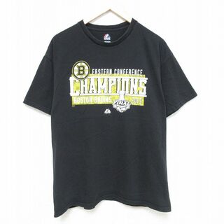 マジェスティック(Majestic)のXL★古着 マジェスティック 半袖 Tシャツ メンズ NHL ボストンブルーインズ コットン クルーネック 黒 ブラック アイスホッケー 24mar09 中古(Tシャツ/カットソー(半袖/袖なし))