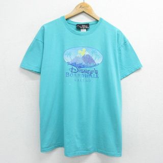 ディズニー(Disney)のXL★古着 半袖 ビンテージ Tシャツ メンズ 90年代 90s ディズニー DISNEY ミッキー MICKEY MOUSE 山 コットン クルーネック USA製 青緑系 24mar06 中古(Tシャツ/カットソー(半袖/袖なし))