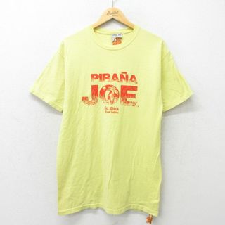 L★古着 半袖 ビンテージ Tシャツ メンズ 00年代 00s PIRANA JOE ロング丈 コットン クルーネック 黄色 イエロー 24mar06 中古(Tシャツ/カットソー(半袖/袖なし))