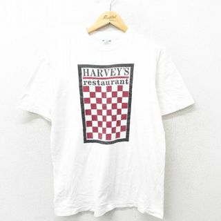 ヘインズ(Hanes)のL★古着 ヘインズ Hanes 半袖 ビンテージ Tシャツ メンズ 80年代 80s HARVEYS レストラン コットン クルーネック USA製 白 ホワイト 24mar07 中古(Tシャツ/カットソー(半袖/袖なし))