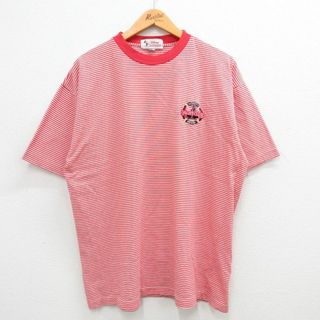 ディズニー(Disney)のXL★古着 半袖 ビンテージ Tシャツ メンズ 90年代 90s ディズニー DISNEY リゾート ヨットクラブ 大きいサイズ コットン クルーネック 赤他 レッド ボーダー 24mar07 中古(Tシャツ/カットソー(半袖/袖なし))