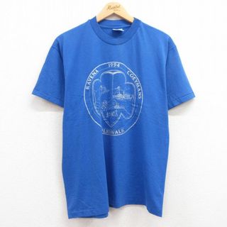 ヘインズ(Hanes)のL★古着 ヘインズ Hanes 半袖 ビンテージ Tシャツ メンズ 90年代 90s 船 汽車 クルーネック 青 ブルー 24mar07 中古(Tシャツ/カットソー(半袖/袖なし))