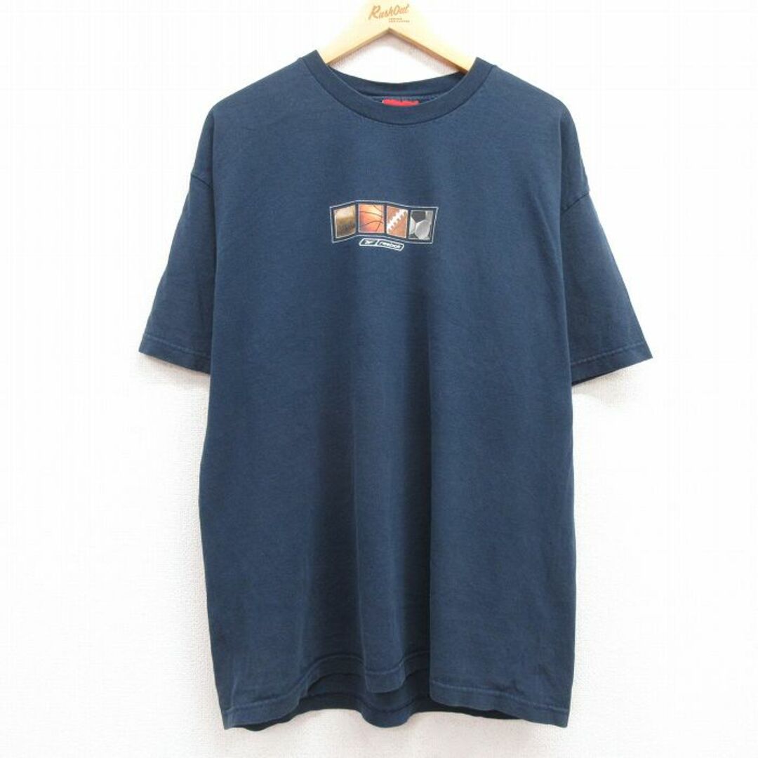 Reebok(リーボック)のXL★古着 リーボック REEBOK 半袖 ビンテージ Tシャツ メンズ 90年代 90s サッカー バスケットボール コットン クルーネック USA製 紺 ネイビー 24mar07 中古 メンズのトップス(Tシャツ/カットソー(半袖/袖なし))の商品写真