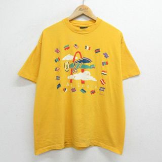 XL★古着 半袖 ビンテージ Tシャツ メンズ 90年代 90s セントルイス 国旗 飛行機 コットン クルーネック USA製 黄 イエロー 【spe】 24mar08 中古(Tシャツ/カットソー(半袖/袖なし))