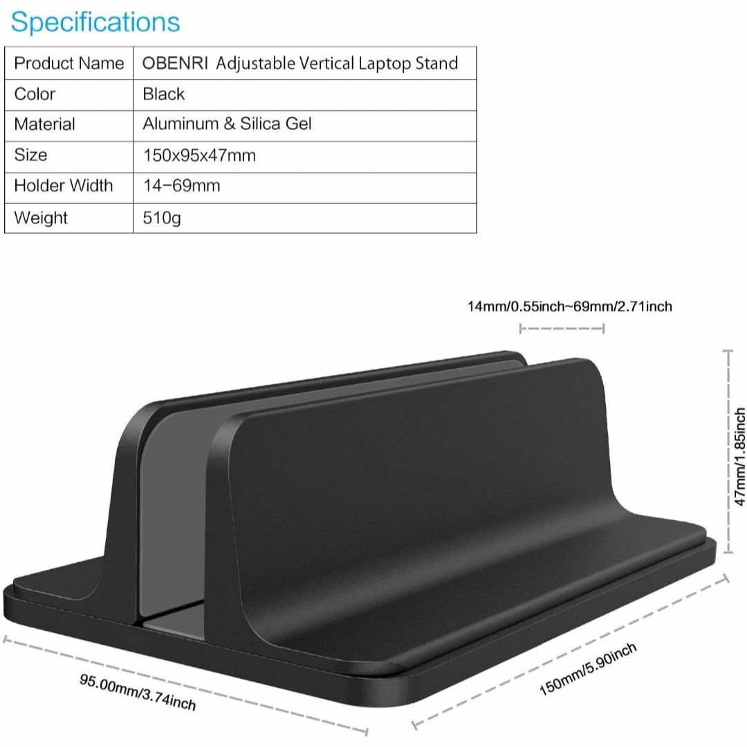 ノートパソコン スタンド 縦置き 収納 ホルダー幅調節可能 アルミ合金素材 スマホ/家電/カメラのPC/タブレット(PC周辺機器)の商品写真