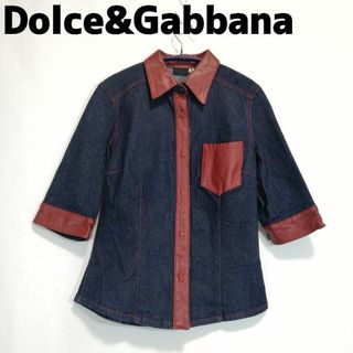 DOLCE&GABBANA - ドルガバ イタリア製 デニムシャツ レザー 切替 五分袖 レディース ネイビー