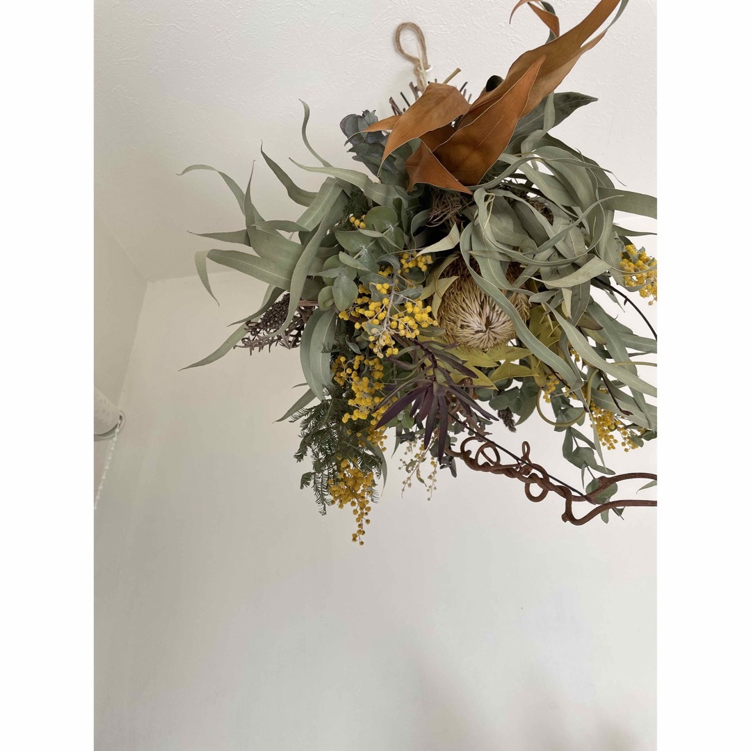 バンクシアと2種のミモザの吊り下げブーケ ハンドメイドのフラワー/ガーデン(リース)の商品写真