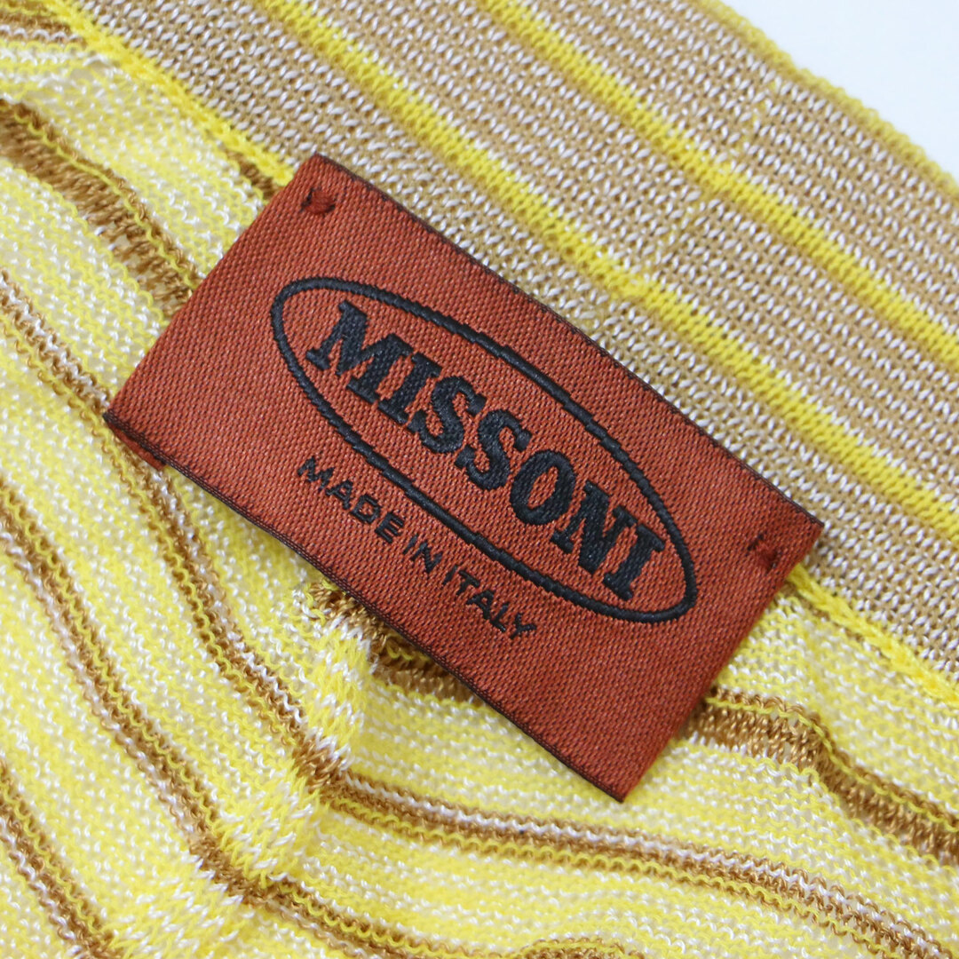 MISSONI(ミッソーニ)の美品 MISSONI ミッソーニ カーディガン ニット イエロー系 42(L～LL位) Vネック フレアスリーブ ハイゲージ 薄手 ボーダー ランダム ひし形柄 長袖 トップス イタリア製 大人 きれいめ カジュアル 羽織り 冷房対策【レディース】【中古】 レディースのトップス(カーディガン)の商品写真