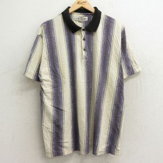 XL★古着 半袖 ポロ シャツ メンズ 90年代 90s 大きいサイズ コットン 薄ベージュ他 カーキ ストライプ 24mar12 中古 トップス(ポロシャツ)