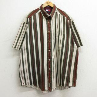 トミーヒルフィガー(TOMMY HILFIGER)のXL★古着 トミーヒルフィガー TOMMY HILFIGER 半袖 ブランド シャツ メンズ 90年代 90s ワンポイントロゴ 大きいサイズ ロング丈 コットン ボタンダウン 薄ベージュ他 カーキ ストライプ 24mar12 中古 トップス(シャツ)