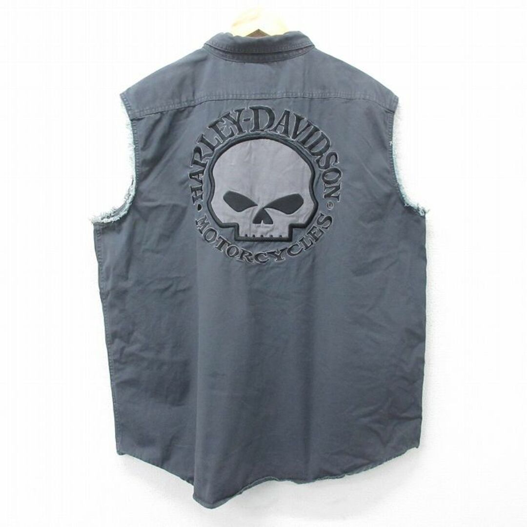 Harley Davidson(ハーレーダビッドソン)のXL★古着 ハーレーダビッドソン Harley Davidson ノースリーブ シャツ メンズ ビッグロゴ スカル 刺繍 大きいサイズ コットン 濃グレー 【spe】 24mar13 中古 トップス メンズのトップス(シャツ)の商品写真