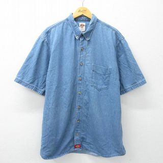 ディッキーズ(Dickies)のXL★古着 ディッキーズ Dickies 半袖 シャツ メンズ 大きいサイズ ロング丈 コットン ボタンダウン 紺 ネイビー デニム 24mar14 中古 トップス(シャツ)