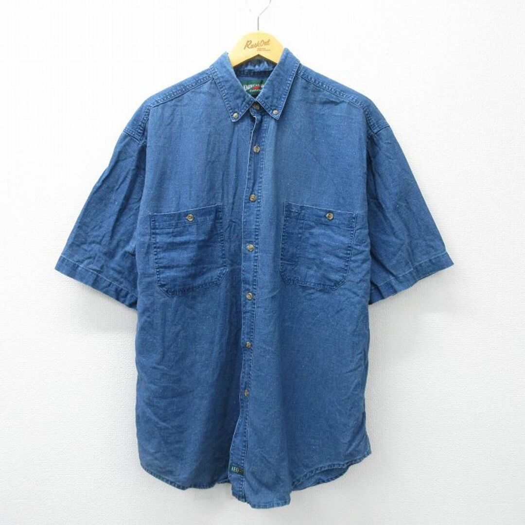 American Eagle(アメリカンイーグル)のXL★古着 アメリカンイーグル American Eagle 半袖 シャツ メンズ 90年代 90s 大きいサイズ ロング丈 リネン ボタンダウン 紺 ネイビー 24mar14 中古 トップス メンズのトップス(シャツ)の商品写真