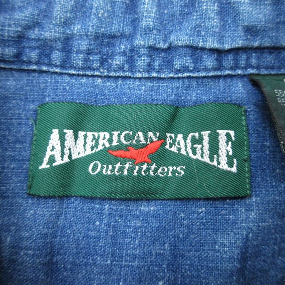 American Eagle(アメリカンイーグル)のXL★古着 アメリカンイーグル American Eagle 半袖 シャツ メンズ 90年代 90s 大きいサイズ ロング丈 リネン ボタンダウン 紺 ネイビー 24mar14 中古 トップス メンズのトップス(シャツ)の商品写真