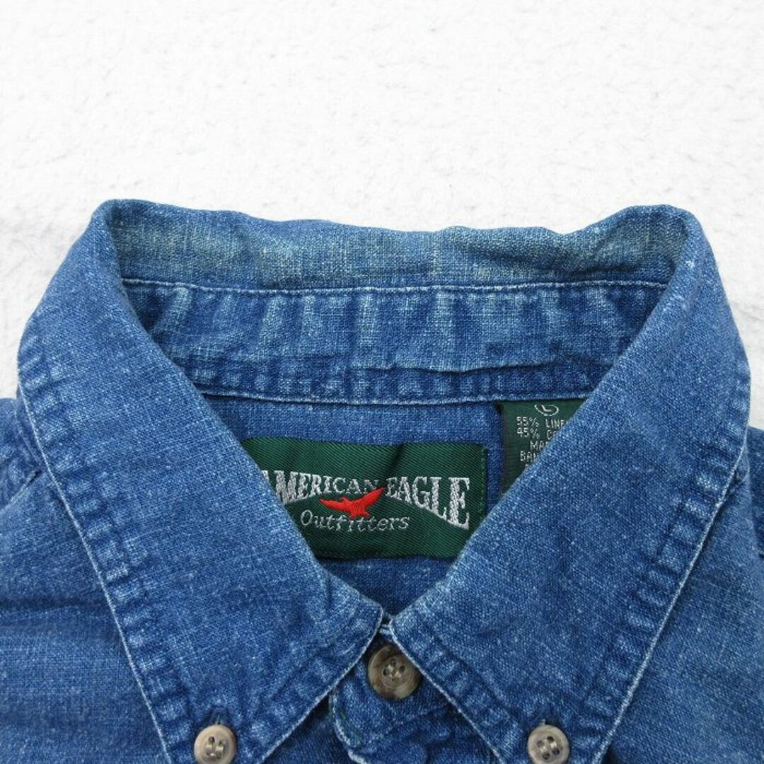 American Eagle(アメリカンイーグル)のXL★古着 アメリカンイーグル American Eagle 半袖 シャツ メンズ 90年代 90s 大きいサイズ ロング丈 リネン ボタンダウン 紺 ネイビー 24mar14 中古 トップス メンズのトップス(シャツ)の商品写真