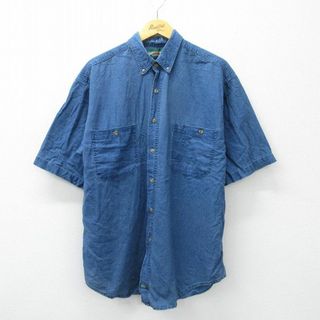 XL★古着 アメリカンイーグル American Eagle 半袖 シャツ メンズ 90年代 90s 大きいサイズ ロング丈 リネン ボタンダウン 紺 ネイビー 24mar14 中古 トップス