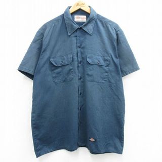 ディッキーズ(Dickies)のXL★古着 ディッキーズ Dickies 半袖 ワーク シャツ メンズ 90年代 90s ロング丈 USA製 紺 ネイビー 24mar13 中古 トップス(シャツ)