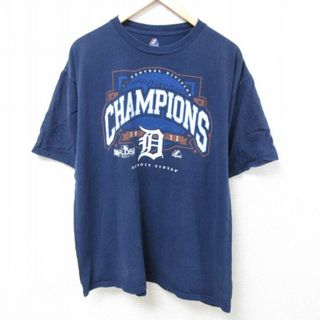 マジェスティック(Majestic)のXL★古着 マジェスティック 半袖 Tシャツ メンズ MLB デトロイトタイガース 大きいサイズ コットン クルーネック 紺 ネイビー メジャーリーグ ベースボール 野球 24mar11 中古(Tシャツ/カットソー(半袖/袖なし))