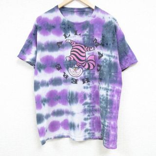 ディズニー(Disney)のL★古着 半袖 Tシャツ メンズ ディズニー DISNEY ふしぎの国のアリス チェシャ猫 クルーネック 紫他 パープル タイダイ 24mar15 中古(Tシャツ/カットソー(半袖/袖なし))