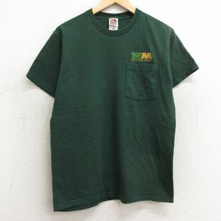 フルーツオブザルーム(FRUIT OF THE LOOM)のM★古着 フルーツオブザルーム 半袖 ビンテージ Tシャツ メンズ 90年代 90s WM 胸ポケット付き コットン クルーネック 緑 グリーン 24mar11 中古(Tシャツ/カットソー(半袖/袖なし))