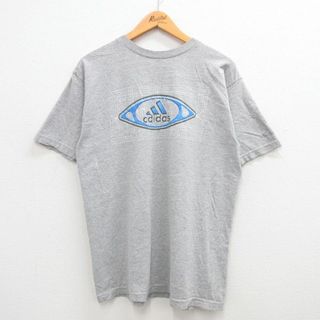 アディダス(adidas)のL★古着 アディダス adidas 半袖 ビンテージ Tシャツ メンズ 90年代 90s ビッグロゴ クルーネック グレー 霜降り 【spe】 24mar12 中古(Tシャツ/カットソー(半袖/袖なし))