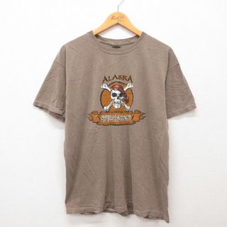 L★古着 半袖 ビンテージ Tシャツ メンズ 00年代 00s アラスカ スカル 海賊 コットン クルーネック 茶 ブラウン 24mar12 中古(Tシャツ/カットソー(半袖/袖なし))