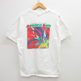 ヘインズ(Hanes)のL★古着 ヘインズ Hanes 半袖 ビンテージ Tシャツ メンズ 90年代 90s ロングビーチ MUNICIPAL BAND コットン クルーネック USA製 白 ホワイト 24mar13 中古(Tシャツ/カットソー(半袖/袖なし))