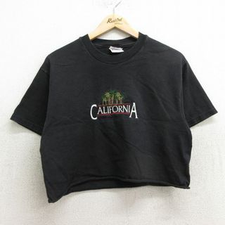 ヘインズ(Hanes)のM★古着 ヘインズ Hanes 半袖 ビンテージ Tシャツ メンズ 00年代 00s カリフォルニア ヤシの木 刺繍 ショート丈 コットン クルーネック 黒 ブラック 24mar13 中古(Tシャツ/カットソー(半袖/袖なし))