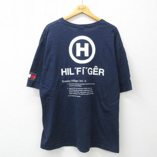 トミーヒルフィガー(TOMMY HILFIGER)のXL★古着 トミーヒルフィガー TOMMY HILFIGER 半袖 ブランド ビンテージ Tシャツ メンズ 90年代 90s ビッグロゴ 胸ポケット付き 大きいサイズ コットン クルーネック USA製 紺 ネイビー 24mar15 中古(Tシャツ/カットソー(半袖/袖なし))